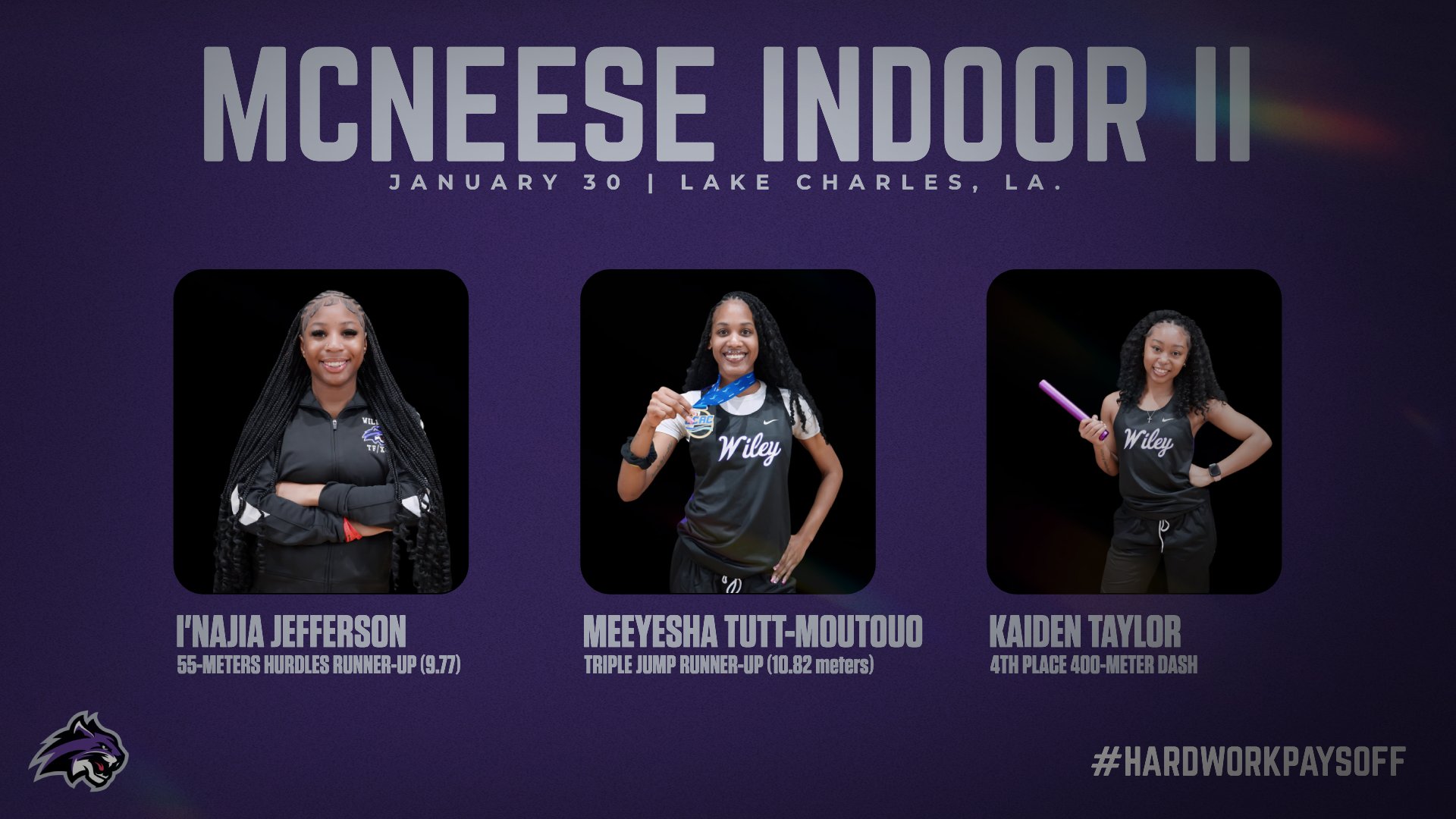 I'Najia Jefferson, Meeyesha Tutt-Moutouo and Kaiden Taylor delivered strong performances at McNeese Indoor II.